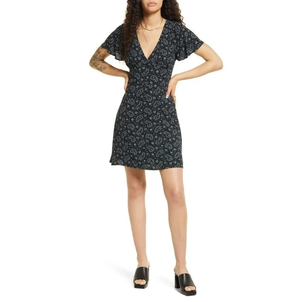 NWT BP Paisley Flutter Sleeve V-Neck Dress BLACK AND TEAL - SIZE XS - Picture 2 of 11